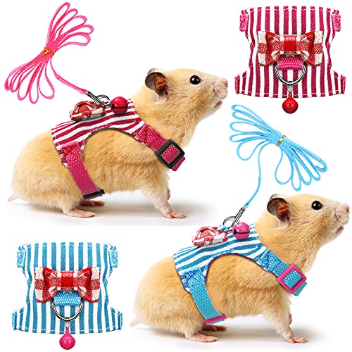 2 Pieces Hamster Harness and Leash Set for Walking, Small Guinea Pig Clothes with Bowknot Bell, No Pulling Comfort Padded Vest Striped for Guinea Pig Hamster Ferret, Small Animals (Blue, Pink,S) - color: Blue, Pink, size: S