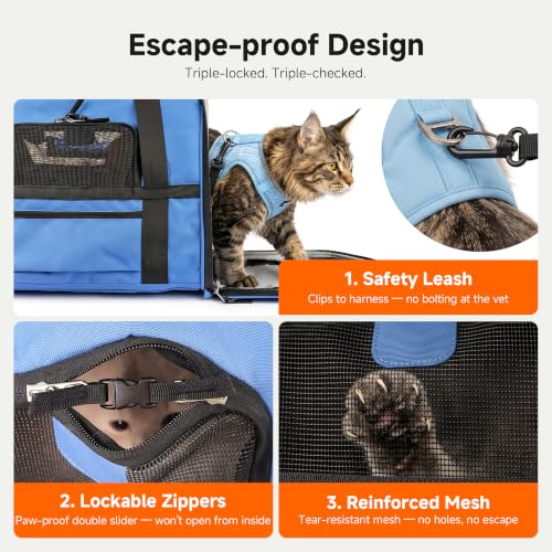 Cat Carrier Soft with Safety Buckles, Lockable Zippers, Safe for Car Travel | Escape-Proof, Safety Tether, Collapsible Pet Carrier for Car Rides & Vet Visits, Airline Approved Underseat, Up to 12lbs - color: Blue