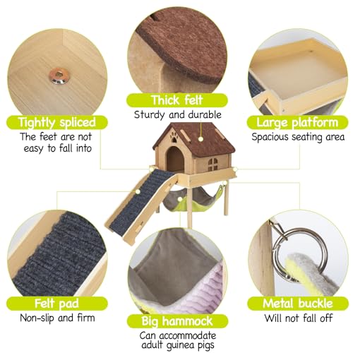 BESNEW 3 in 1 Enlarged Guinea Pig Hammock,Wooden Guinea Pig Hideout with House & Platform & Stairs Small Animal Toys for Hiding Sleeping Activities - color: Brown Roof