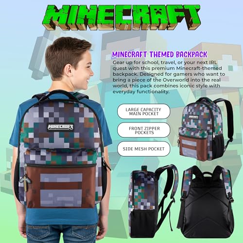 AI ACCESSORY INNOVATIONS Minecraft Backpack for Kids, Pixelated Block Print Design with Adjustable Straps, 16 Inch Rectangular Daypack, 3 Zippered Compartments, Water Repellent Polyester - color: Minecraft