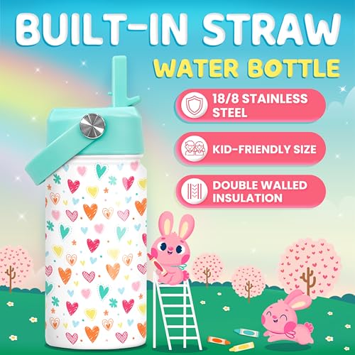 SANDJEST Kids Water Bottle with Straw Lid - Insulated 12 Oz Stainless Steel Water Bottles for Girls - Heart Water Bottle Travel Cup for School Sports - color: Heart