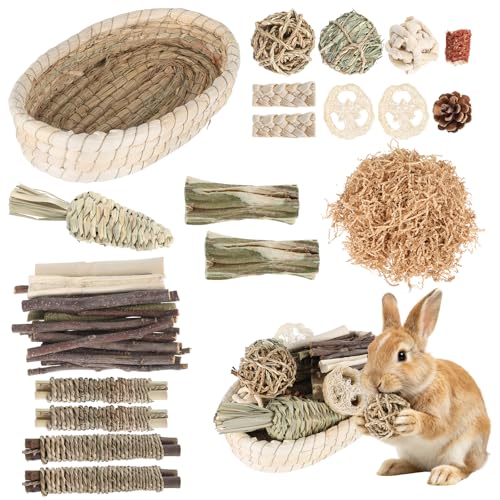 Foxtell 19Pcs Bunny Chew Toys, Rabbit Chew Sticks, Guinea Pig Toy, Natural Bunny Toys Chew and Treat for Guinea Pigs, Chinchillas, Hamsters and Other Small Pets