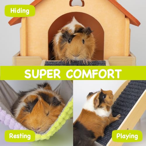 BESNEW 3 in 1 Enlarged Guinea Pig Hammock,Wooden Guinea Pig Hideout with House & Platform & Stairs Small Animal Toys for Hiding Sleeping Activities - color: Orange Roof