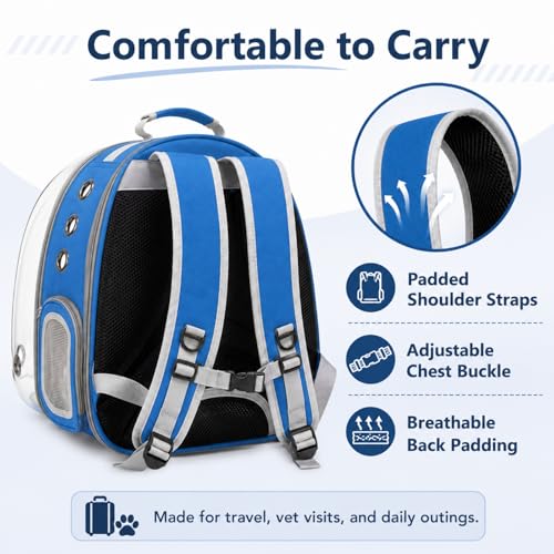 Expandable Cat Carrier Backpack with Bubble Window, Blue | Breathable mesh, anti-collapse frame, side door, safety leash and escape-resistant zippers for vet visits and outdoor travel. - color: Blue