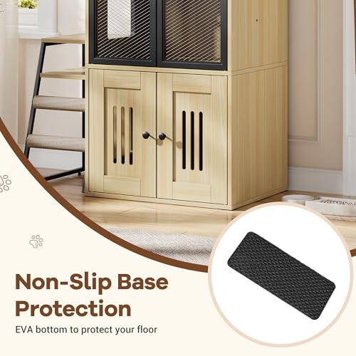 TrailBlaze Litter Box Enclosure with Platform, Double Layer Hidden Furniture, Modern Villa Cat Cabinet with Ladder, Hammock & Metal Mesh Door, Indoor Washroom Cat House-Burlywood - color: Burlywood
