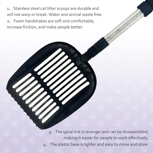 PINVNBY Cat Litter Scooper, Long Handle Litter Sifter Scoop with Litter Scoop Holder Stainless Steel Kitten Scooper Deep Kitty Litter Scooper with Box Metal Detachable Sifting Litter Shovel Set - color: Black