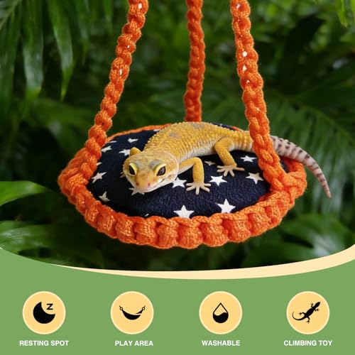 Reptile Hammock Swing Hanging Bed Bearded Dragon Hammock Reptile Accessories for Chameleon, Lizards, Gecko, Snakes, Iguana Reptiles, Geckos, Bird, Parrot, Parakeet, Cockatiel Toys（Orange with pad） - color: Orange with pad