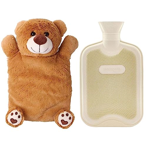 HomeTop Premium Classic Rubber Hot Water Bottle with Cute Bear Cover | Natural rubber hot water bottle,Long-lasting heat retention,Snuggly all-night warmth - color: White