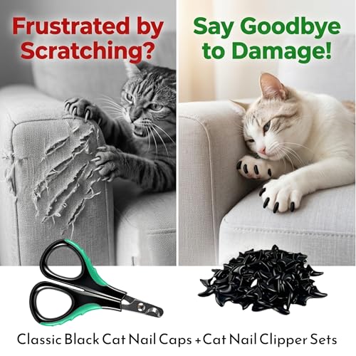 joyous 120pcs Black Kitten Cat Nail Caps Original Factory Set with Cat Nail Clipper-Soft Paws Cat Claw Covers for Indoor Kitty, Anti-Scratch and Protects Furniture & Skin, Cat Nail Covers (M) - size: M