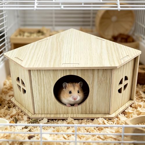 Amonk Triangle Hamster Hideout Wooden Syrian Hamster Toys 8x8x4in Small Animals Houses Exploring Toys with Hole & Windows for Young Gerbil, or Baby Mouse and Other Small Pets