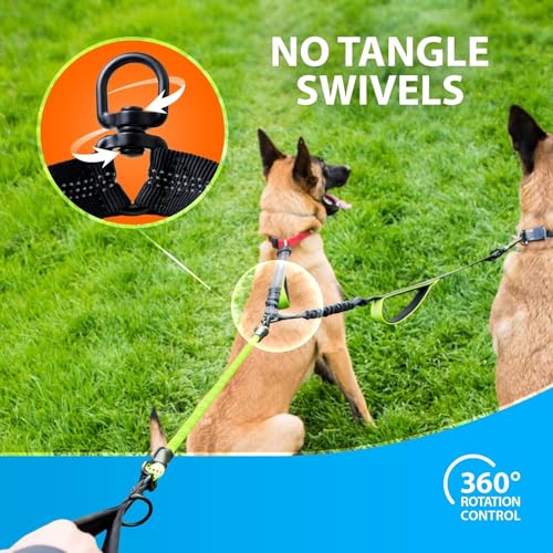 Double Dog Leash for 2 Dogs – Rope Bungee Dual Leash for Medium and Large Breeds with Padded Handles & Tangle Free (Green, Medium/Large) - color: Green
