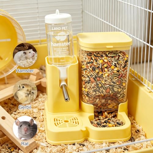 Hamster Water Bottle 2-in-1, 80ml Top-Fill Water Dispenser & 320ml Food Feeder, BPA-Free Anti-Leak Small Animal Cage Accessories for Hamster Gerbil Mouse (Yellow)