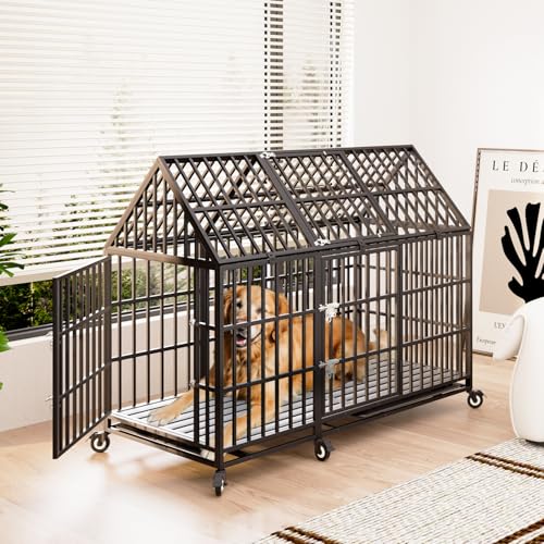 61 inch Heavy Duty Indestructible Dog Crate, Escape-Proof Chewproof Pet Kennel for Large Giant Dogs, Steel Indoor High Anxiety Cage with 6 Wheels, 6 Locks, 2 Trays, 3 Doors, Extra Large XL XXL - size: 60.2"L x 32.7"W x 50.8"H