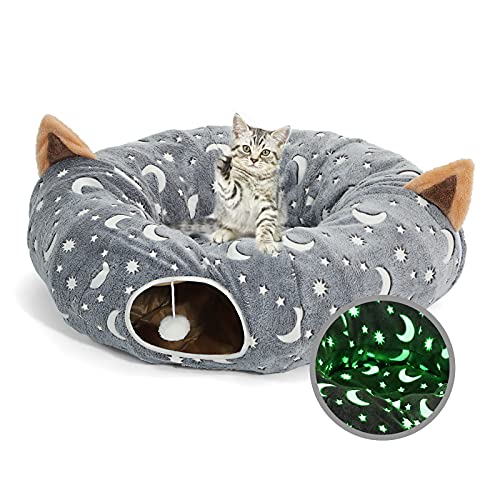 Cat Tunnel Bed Under Christmas Tree with Plush Ball Toy Playground Crinkle Collapsible Self-Luminous Flannel Fabric 3FT for Large Cats Kittens Kitty Small Animals Puppy Grey Moon Star - size: 3FT