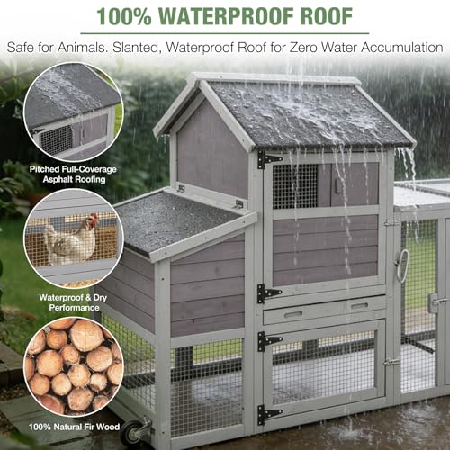 Mobile Chicken Coop with Wheels for 4-6 Chickens, Large Wooden Hen House Duck Cage with Run, Nesting Box, Easy Clean Pull-Out Tray, Waterproof Asphalt Roof - Grey, 78" L x 27.6" W x 45" H - size: 78.0"L x 27.6"W x 45.0"H