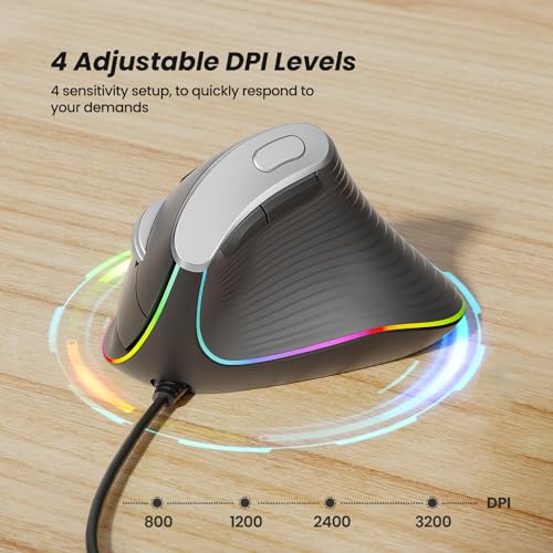 Nulea Ergonomic Vertical Mouse Wired with 11 RGB Backlight and 6 Buttons | USB Optical Mouse with 4 Adjustable DPI, Plug and Play Design for Laptop, PC, Mac,Desktop, Office Use - color: A-Grey