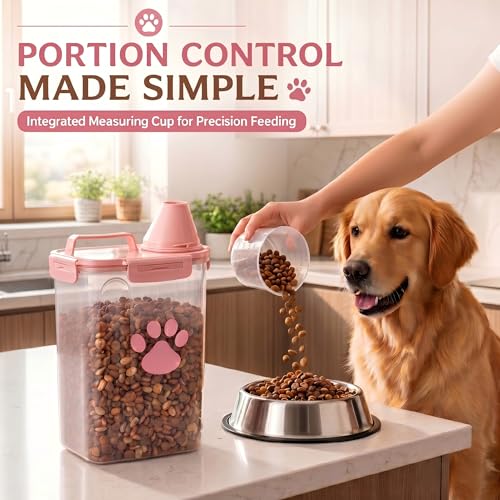 Dog Storage Container with Cleaning Brush and Measuring Cup | Airtight Portable Pet Food Containers with Upgraded Large Spout and Cup for Dogs,Cats,Birds,Small Animals(Pink) - color: 3QT-Pink