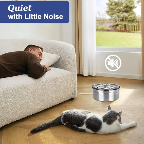 Small 1L Cat Water Fountain Stainless Steel, Quiet Drinking Bowl Dispenser for Indoor Pets and Dog, BPA Free, Easy to Clean,No Adapter Included