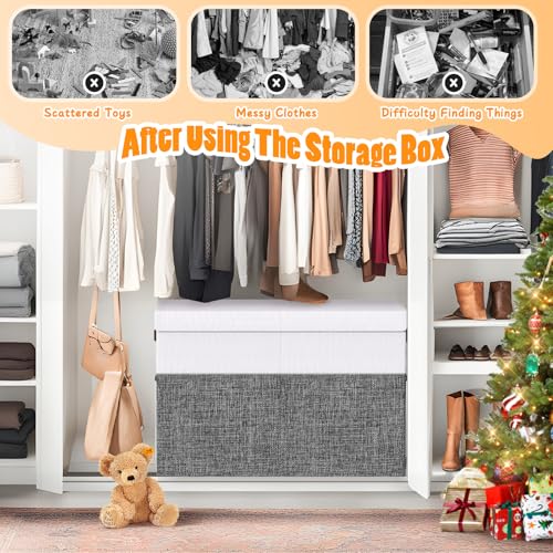 Large Toy Storage Box with Lid & Dividers, Kids Toy Chest, Gray and White | Toy Box for Boys, Girls, Nursery, Bedroom, Living Room, Playroom, 25 x 13 x 16 inches - color: Large Gray and White