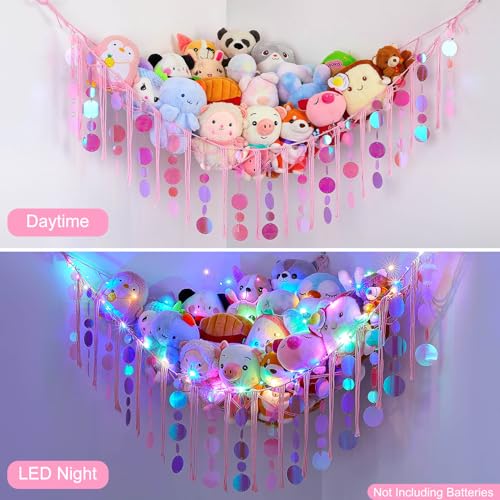 FIOBEE Stuffed Animals Hammock Net Toy Storage Organizer with LED Light, Stuffed Animals Storage Girls Room Décor Wall Hanging with Sequins for Kids Bedroom Nursery Playroom, Light Pink