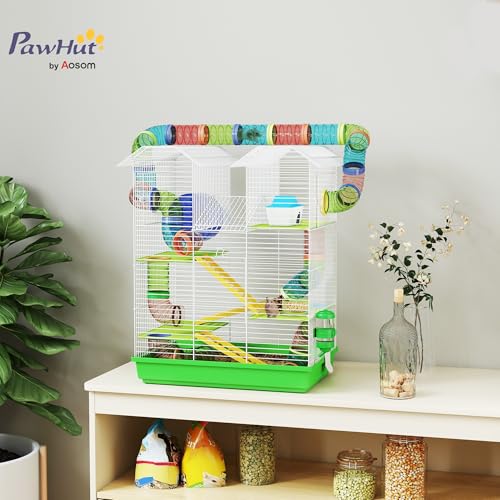 PawHut 18.5" 5 Tier Hamster Cage with Tubes and Tunnels, Green | Small Animal Cage, Rat Gerbil Habitat, Water Bottle, Food Dish, Exercise Wheel - color: Green
