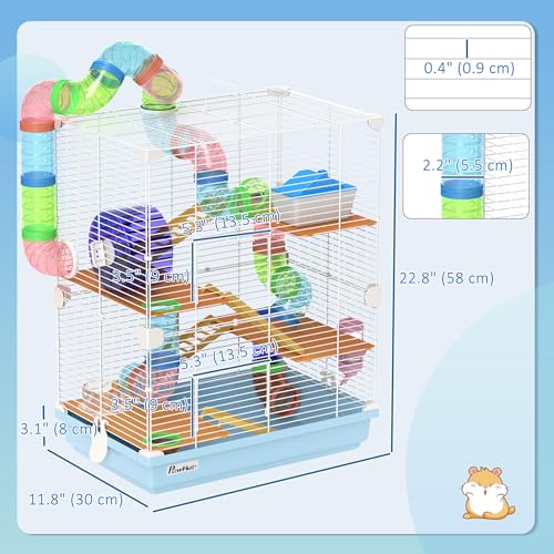 PawHut 18" 5 Tier Hamster Cage with Tubes and Tunnels, Small Animal Cage with Portable Carry Handle, Gerbil Cage with Water Bottle, Food Dish, Exercise Wheel, Light Blue | Small Animal Cage, Portable Carry Handle, Water Bottle, Food Dish, Exercise Wheel -