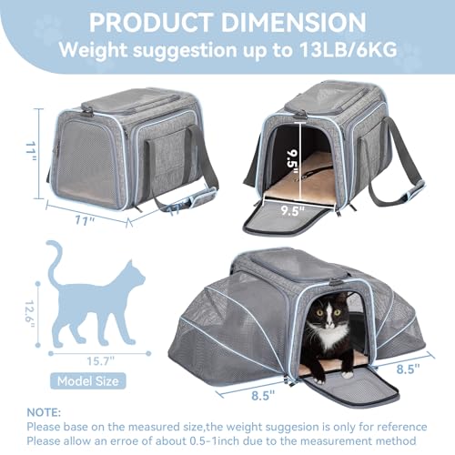 Petsfit Medium Double Expandable Cat Carrier for Cats and Small Dogs | 17 x 11 x 11 in; sized for Delta Air Lines; dual-side expansion, anti-sag frame and safety tether; up to 15 lb. - color: Light Grey, size: 17"L x 11"W x 11"H