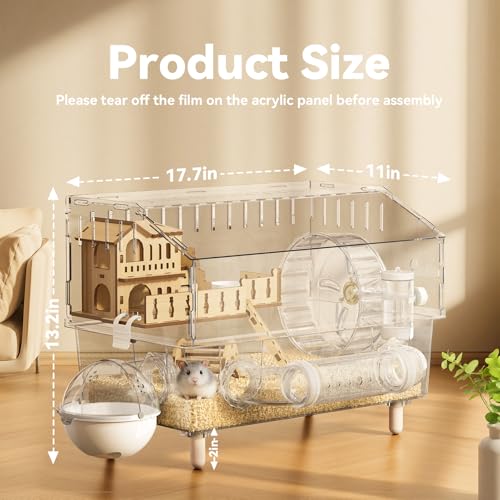 9 in 1 Acrylic Hamster Cage, Clear Dwarf Hamster Cage, with Tubes and All Accessories, 2-Tier Mouse Habitat, Easy to Clean, Suitable for Small Pets (Transparent)