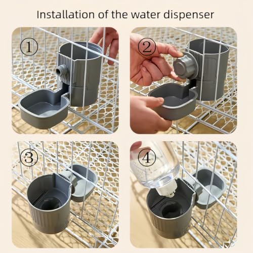 Pet Cage Suspended Water Dispenser, 17oz Hanging Automatic Water Bowl for Rabbit, Bunny, Cat, Ferret, Clear, Plastic (Grey)