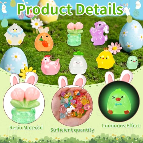 56 Pcs Easter Luminous Mini Resin Figurines 56 Style Glow in The Dark Little Small Resin Miniatures to Hide Bulk Bunny Chick Figures for Easter Party Favors Egg Fillers Micro Garden Landscape Decor - style: 56Pcs-Luminous Easter