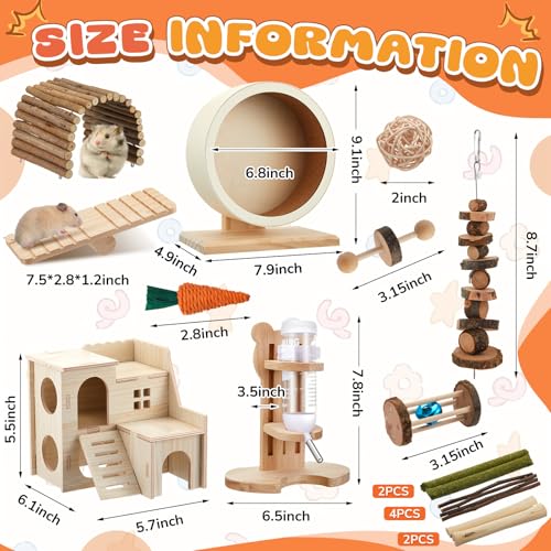 18 Pcs Hamster Cage Accessories, Silent Hamster Wheel 15 Toys Set | Maze Wood House and Water Bottle Set for Rat Mice Small Animals Habitat Decor Enrichment Starters (Serene Wooden Style) - style: Harmony Wooden Style