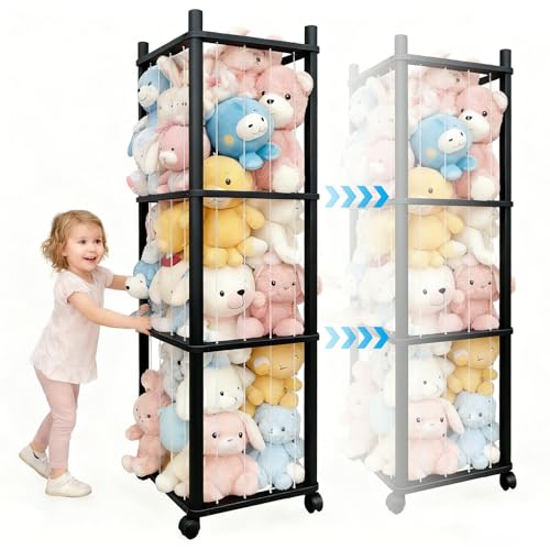 Stuffed Animal Zoo Storage with Lockable Wheels, Black | Sturdy Solid Wood Toy Organizer, Large Capacity Plush Toy Cage, Space-Saving for Toddler/Playrooms/Bedrooms - color: Black