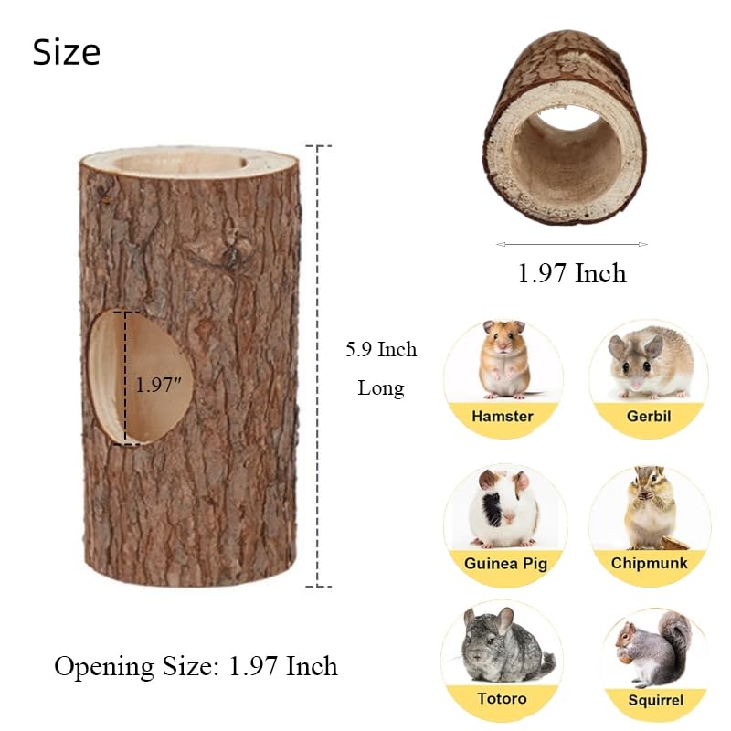 Wood Log Tunnel for Hamsters, Hideout Tube Toy for Pet Rat | Natural Wooden Hide Out, Small Habitat Decor, Small Animals Cage Accessories, for Chinchilla/Gerbil/Syrian Hamster/Guinea Pig