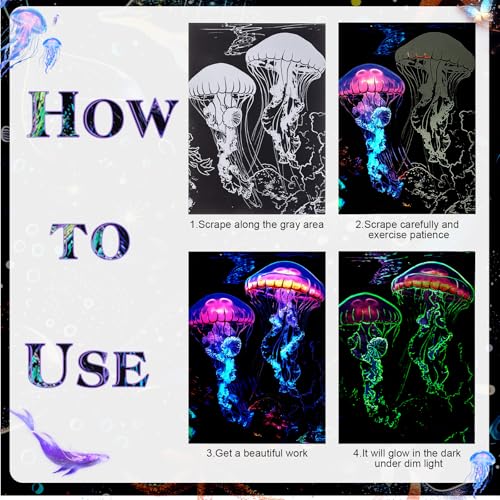 Gersoniel 8 Pack Scratch Paper Art Glow in The Dark Scratch Kit for Adult Rainbow Painting Paper Sheet with Pen / Cleaning Brush Noctilucent Engraving Scratchboard for Adults Craft Gift, Stress Relief - color: Whale,Jellyfish