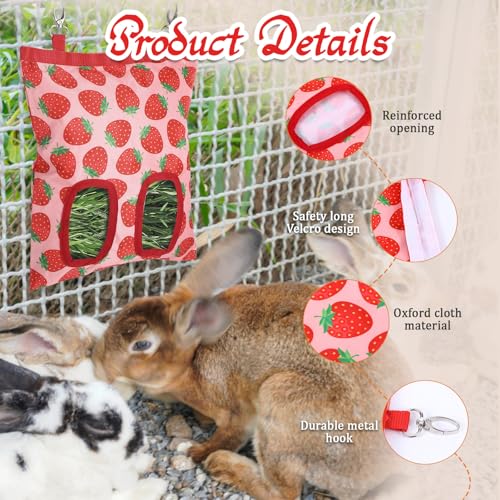 Rabbit Hay Feeder, 2 Hole Washable Hanging Hay Bag for Guinea Pig | Hay Holder for Guinea Pigs Rabbits Chinchilla Hamster Bunny Small Pets and Animal, Strawberry Pattern, 11x9.8inch - color: strawberry