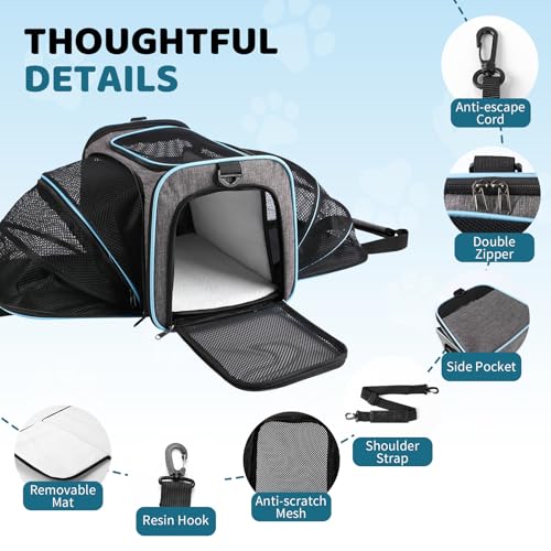 Cat Carrier - Airline Approved Expandable Soft Side Pet Carrier, Collapsible Pet Travel Bag Carrier with Foldable Pet Bowl for Cat Small Animals Under 14LB, 17 * 11 * 11