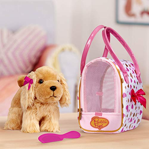 Pucci Pals Plush Puppy Carrier Set, Cocker Spaniel, Heart Print Bag, Pet | 3-piece plush pet set with Cocker Spaniel puppy, comb, and 8 x 6 x 9 in heart print carry bag for grooming and, 2+ Years - style: Cocker Spaniel - Gold & Pink Bag