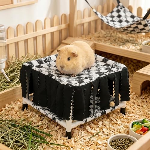 Guinea Pig Hideout with Fringe Curtain, Guinea Pig Bed | Small Animal Tent Hideaway, Stable Shelter Hut for Guinea Pig, Rabbit, Ferret, Chinchilla, Rat and Squirrel - color: Black