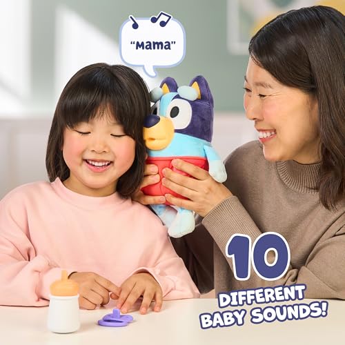 Bluey Toys, Care and Cuddle Baby Plush Toy, 11", 10 Sounds, Ages 3+ | Includes bottle, pacifier, and removable cloth diaper for nurturing play, interactive toddler toys - style: Cuddle & Care Baby Bluey