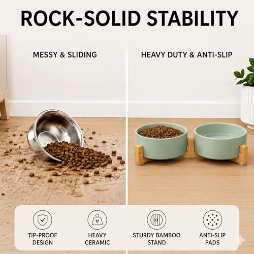 SPUNKYJUNKY Ceramic Dog and Cat Bowl Set with Wooden Stand, Modern Cute Weighted Food Water Set for Small Size Dogs (13.5OZ) & Medium Sized Dogs (28.7OZ) & Cats (1.7 Cups, 2 × Morandi Green) - color: Morandi Green × 2, size: 1.7 cups