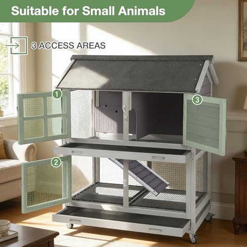 Rabbit Hutch Indoor Outdoor, Mobile Rabbit Cage with Wheels, Wooden Bunny Hutch with Leakproof Trays and Waterproof Roof, 2-Story Guinea Pig Cage - color: Grey, size: 38.6"L x 25.6"W x 44.2"H