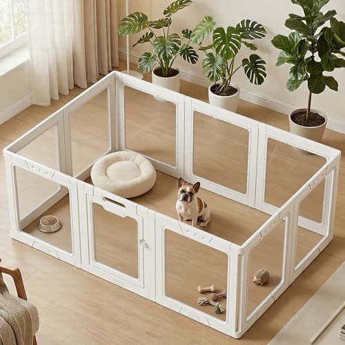 Clear Acrylic Dog Playpen Indoor, Small Pet Fence, 10 Panels 24" H | Clear transparent panels calm anxious puppies. Tool-free interlocking joints enable quick setup & flexible layout changes