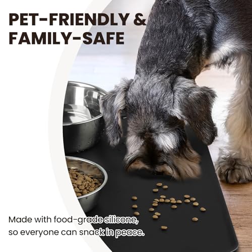 VIVAGLORY Pet Food Mat Flexmat Dog Bowl Mat, S, Black | Non Slip Silicone for Pet Kitten & Doggy, Placemat with Lip for Floor - color: Black, size: S (18.9 x 11.8in)