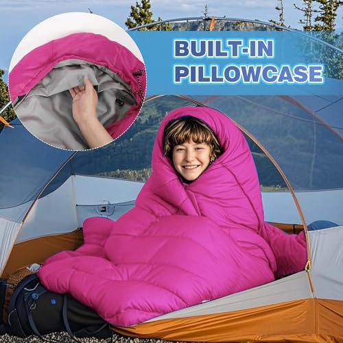 REDCAMP Kids Mummy Sleeping Bag for Camping, 3 Season Cold Weather Sleeping Bag Fit Boys,Girls & Teens, Blue/Rose Red - color: Hot Pink