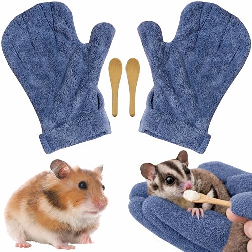Hamster Anti Bite Gloves Sugar Glider, Calming Anti Bite Gloves and Feeding Spoons, Soft Bonding Mitt for Training Grooming Handling, Sugar Glider Cage Accessories, Dwarf Hamster Accessories (Blue) - color: Blue
