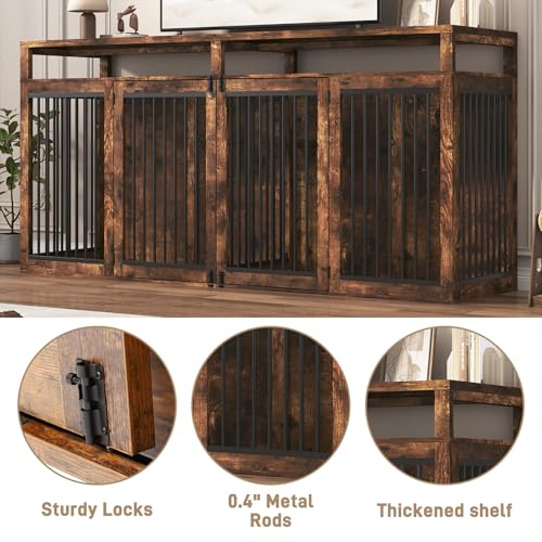 87In Extra Large Dog Crate Furniture for 2 Dogs, Farmhouse Dog Kennel Furniture, Dog Crate TV Stand with Solid Metal Tube & 4 Lockable Doors, Heavy-Duty Double Cage Dog, Rustic Brown - color: Rustic Brown