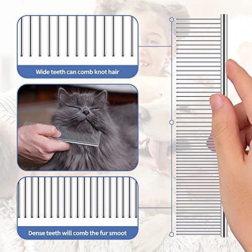 Long Tooth Grooming Undercoat Rake + Stainless Steel Shedding Comb | Deshedding Brushes for Large Pet Horse Longhair Cat, German Shepherd Husky Brush, Dual-Density Straight Comb for Detangling