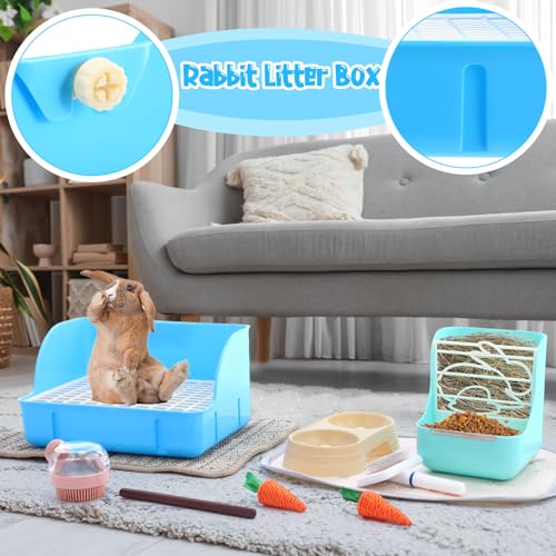 Honeydak 10 Pcs Rabbit Starter Kit Small Litter Box Bunny Grooming Kit Scratch Pads Hay Feeder Bowl Ice Pad with Bunny Toys for Guinea Pig Rabbit Accessories (Blue) - color: Blue