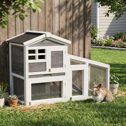 2-Tier Wooden Rabbit Hutch - 54" Indoor/Outdoor Bunny Cage with Weatherproof Asphalt Roof, Non-Slip Ramp & Removable Tray, for Rabbits Guinea Pigs Chickens Grey | Grey Bunny Hutch With Weatherproof Asphalt Roof, Non-Slip Ramp, for Rabbits Guinea Pigs Chic