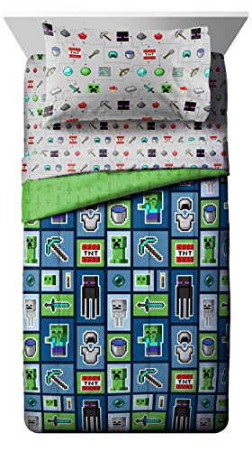 Minecraft Creeper Twin Comforter Set 4 Piece Kids Bedding for Boys, Multi | Zombie, Bed in a Bag, Comforter Sheets Pillowcase, Official Product, Soft Microfiber, Machine Washable, Boys Gift - color: Multi - Minecraft, size: Twin